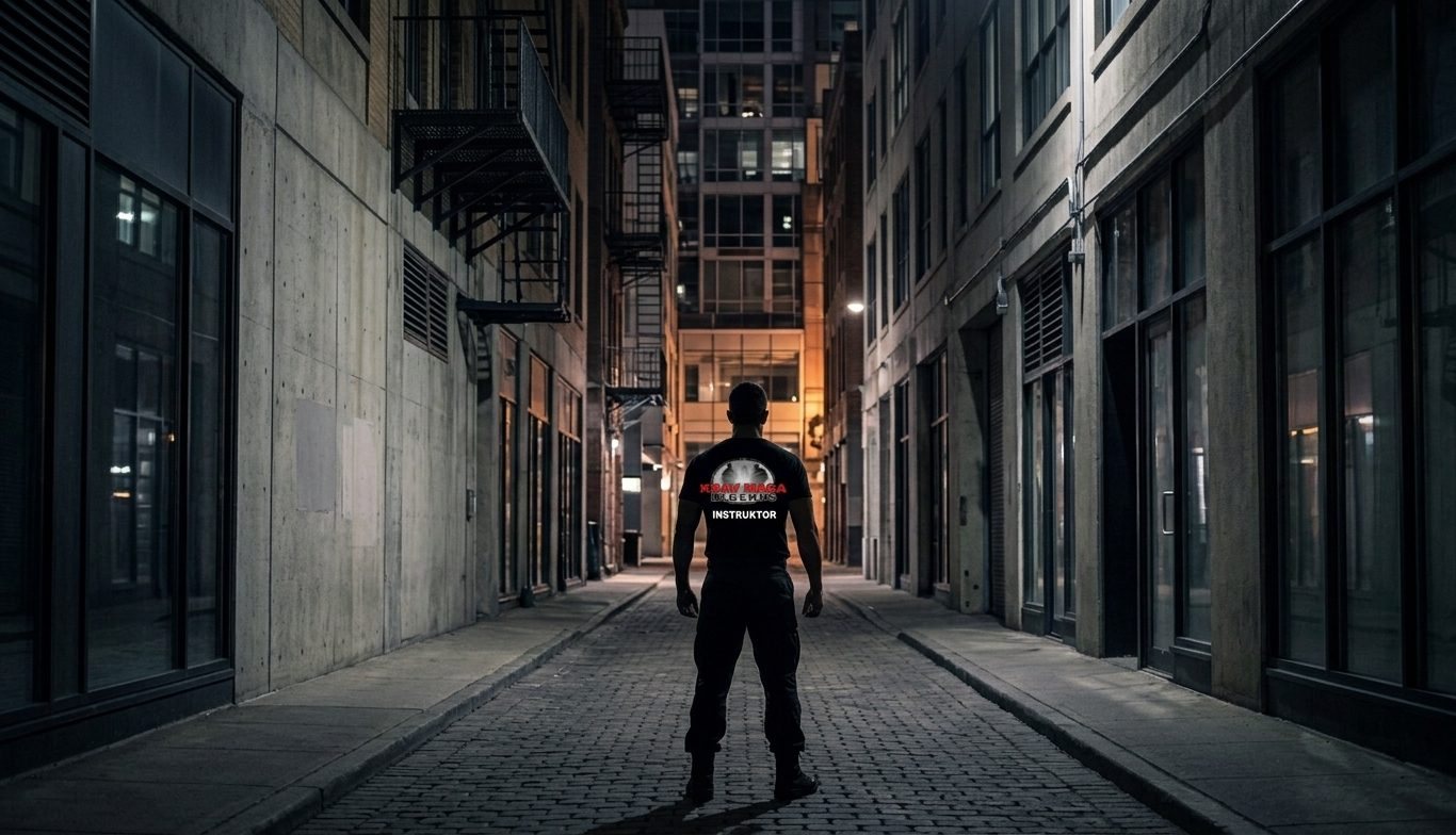 Krav-Maga-Instruktor von hinten in einer nächtlichen Gasse, auf dem Shirt steht «Instruktor»