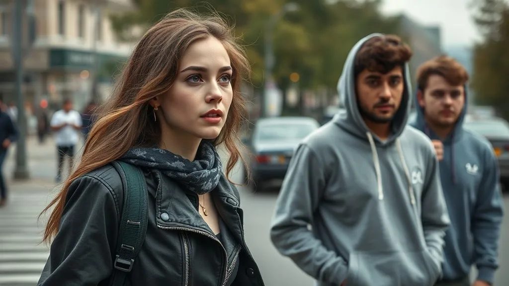 Junge Frau auf der Strasse, hinter ihr zwei Männer in Kapuzenpullis