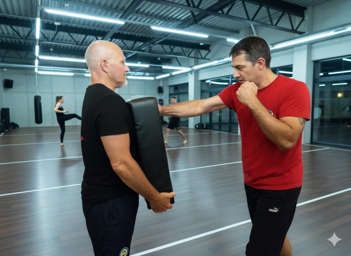 Schlagtraining an der Pratze in einer Trainingshalle